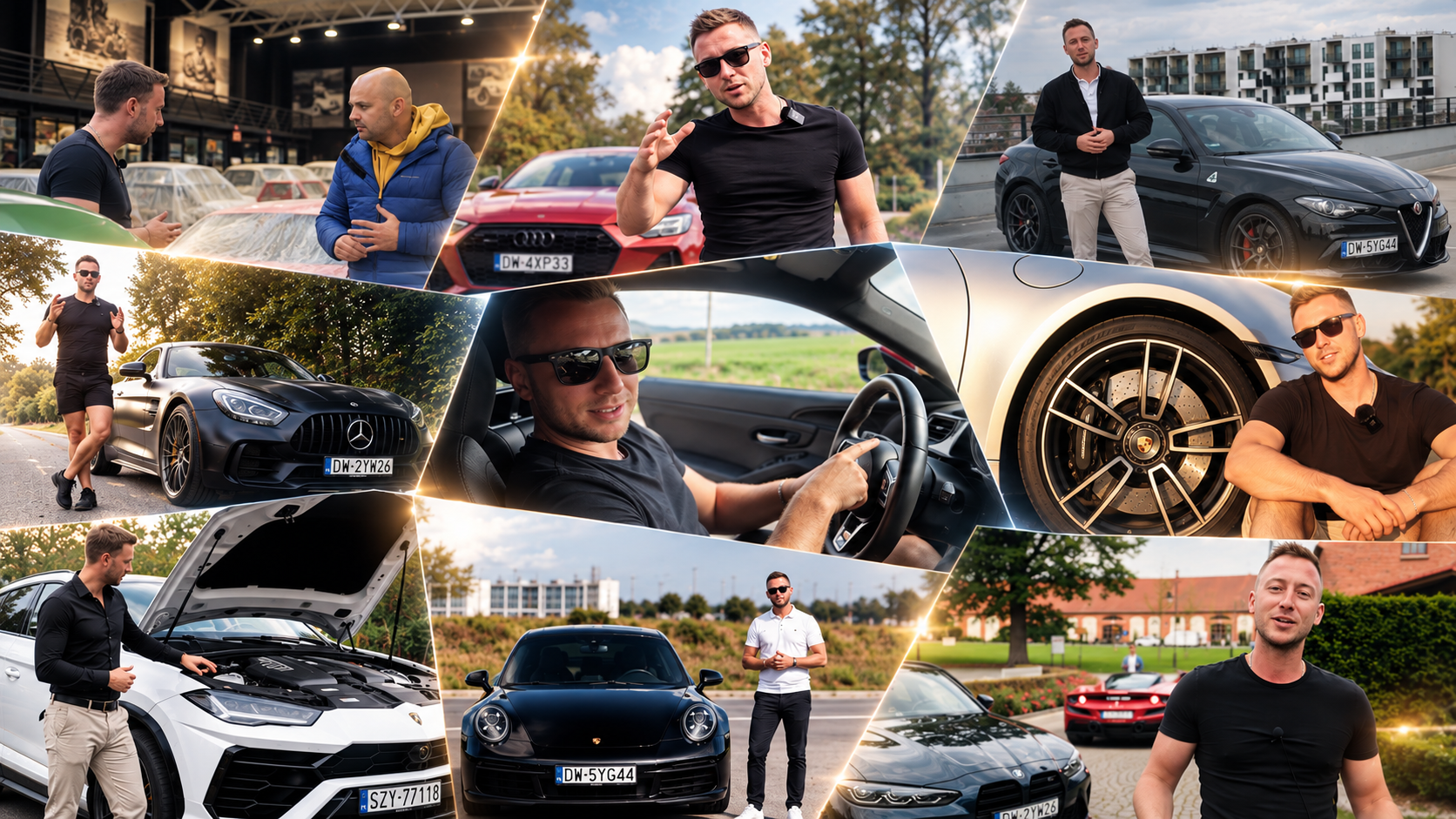 Maciej Korzewa prezentuje sportowe samochody, kolaż motoryzacyjnych przygód